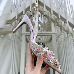 Rene Caovilla talons sandales à talons épais femmes en cuir véritable nœud décoration florale en forme de serpent enveloppé bride à la cheville chaussures habillées de créateur de luxe