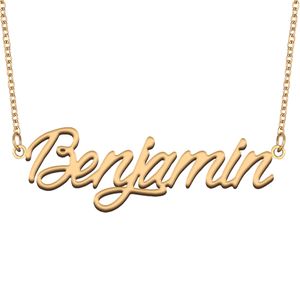 Benjamin nom collier personnalisé plaque signalétique pendentif pour femmes filles cadeau d'anniversaire enfants meilleurs amis bijoux en acier inoxydable plaqué or 18 carats