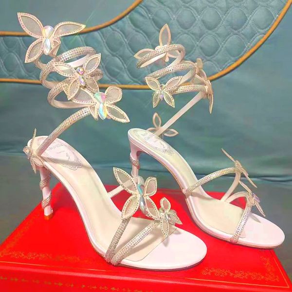 Rene Rhinestones Sandalias de mariposa de cristal Tacones Stilletto Zapatillas Diapositivas zapatos de tacón suela de cuero de lujo para mujer Zapatos de vestir de noche calzado de fábrica