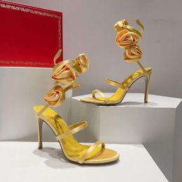 Renes caovilla dama sandalias rosa flor adornada satén amarillo Serpiente Strass stiletto Tacones mujer tacón alto Diseñadores de lujo Tobillo Envoltura Zapatos de noche