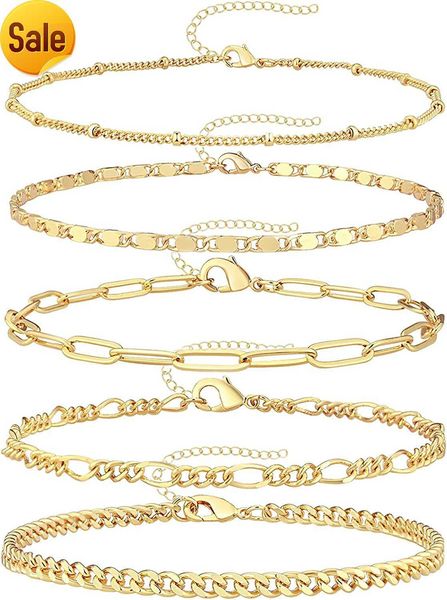 Reoxvo Ensemble de bracelets chaîne en or exquis pour femme Bracelet plaqué or véritable 14 carats Bracelet empilable en or pour femme Réglable 17,78 cm + 5,08 cm