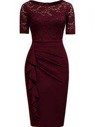 REPHYLLIS Dames Cocktailparty Jurken Bruiloftsgast Avond Kanten Ruches Elegant Vrijetijdskleding Werk Bodycon Vintage Voor 240115