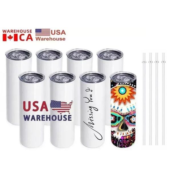 EE. UU. / CA Almacén local Sublimación en blanco Tazas Vasos rectos de acero inoxidable de 20 oz Tazas blancas con tapas y botellas de agua con transferencia de calor de paja 1229