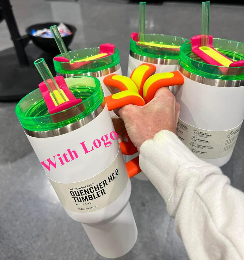 DHL NIEUWE ELEKTRISCHE NEON WIT PERK GEEEL GREEN 40OZ QUOCHER H2.0 MUGS COMSO ROZE PARADE CUPS Roestvrij stalen tuimelaars met handgreep chocoladegouden beker met 1: 1 logo 0409