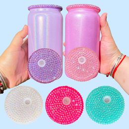 Vervangende acryl Plastic BPA Gratis Rhinestone Bedazzled Bling Luxury 16oz PP -deksels voor 12 oz 15oz Dubbele wandbol Globe Glass Can en 16oz bierglas
