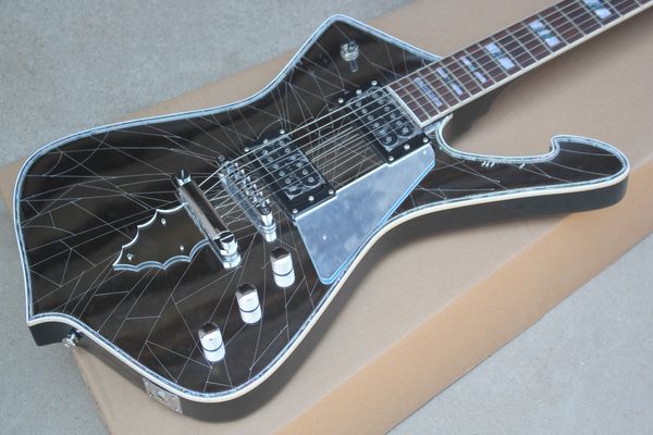 Iceman Kiss Paul Stanley acrylique fissuré miroir guitare électrique vadrouille ormeau bloc incrustation flamme en forme de cordier