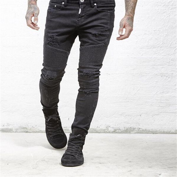 représentent vêtements designer pantalons slp bleu noir détruit mens slim denim droit biker skinny jeans hommes jeans déchirés 28-38214q