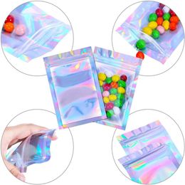 Sacs refermables en Mylar couleur holographique plusieurs tailles sacs anti-odeurs fermeture éclair transparente stockage de bonbons alimentaires sacs d'emballage221e