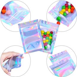 Sacs refermables en Mylar couleur holographique plusieurs tailles sacs anti-odeurs fermeture éclair transparente stockage de bonbons alimentaires sacs d'emballage262J