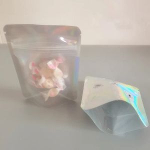Sacs d'emballage transparents à l'épreuve des enfants en plastique refermables, pochette transparente holographique, sac en mylar anti-odeur pour sac d'emballage de fleurs sèches LL