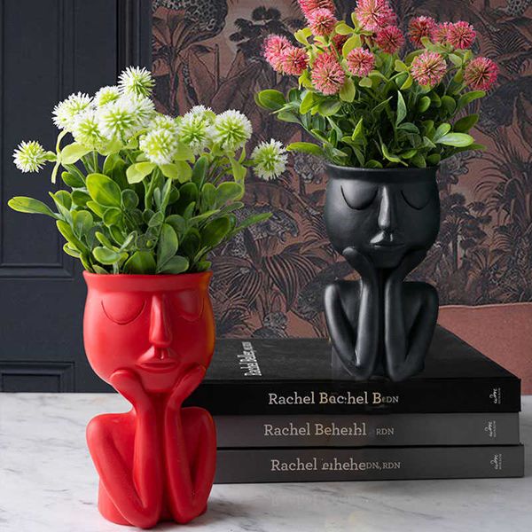 Résine abstraite visage pot de fleur figurines vase décoration assis sculpture table arrangement de fleurs conteneur cadeau ornements 210623