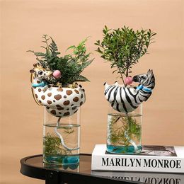 Hars Dierlijke Hoofdvaas met Aquarium Bubble Natuurlijke Cactus Succulente Planten Bloempotten Decoratie Zebra Giraffe Creatieve Craft 211222