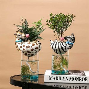 Hars Dierlijke Hoofdvaas met Aquarium Bubble Natuurlijke Cactus Succulente Planten Bloempotten Decoratie Zebra Giraffe Creatieve Craft 211222