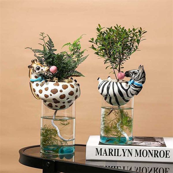 Résine Tête d'animal Vase avec Fish Tank Bulle Cactus Naturel Plantes Succulentes Pots De Fleurs Décoration Zèbre Girafe Creative Craft 211222