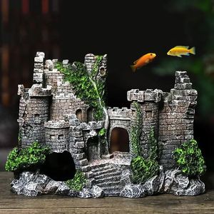 Hars Kunstmatige Aquarium Oude Kasteel Aquarium Decoratie Rock Cave Building Decor Ornament Aquatische Landschapsarchitectuur Drop 240307