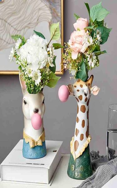 Resin Cartoon Animal Head Vase Flower Pot Bubble Gum Zebra Girafe Panda Deer Bunny Bear Animal Creative Crafts Decoration 2104098226454
