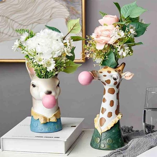 Résine dessin animé tête d'animal Vase Pot de fleur bulle gomme zèbre girafe Panda cerf lapin ours Animal artisanat créatif décoration 210409243R