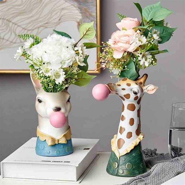 Résine dessin animé tête d'animal Vase Pot de fleur bulle gomme zèbre girafe Panda cerf lapin ours Animal artisanat créatif décoration 2104092641