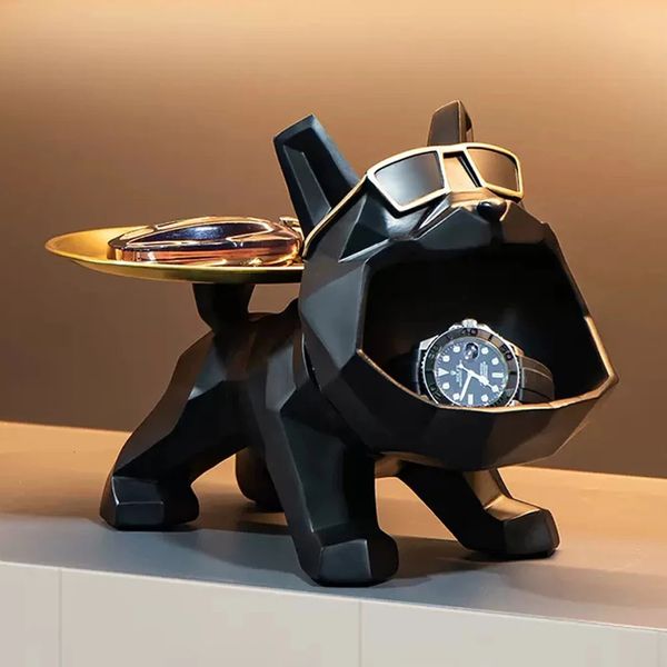 Résine Cool Bulldog artisanat chien majordome avec plateau pour porte-clés stockage bijoux chambre animale décor à la maison Statue Sculpture 240219