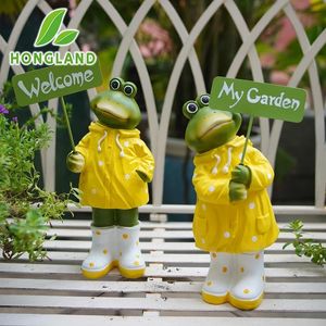 Hars paar kikker ornament met welkom bord outdoor tuin beeldhouwbeeld standbeeld familie cadeau voor tuin patio gazon 240322