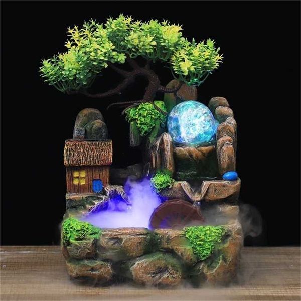 Resin Crafts Feng Shui Fountain Home Office Decor Indoor Water Rockery Landscape Ornement Zen Meditation Waterfall Gift 211108