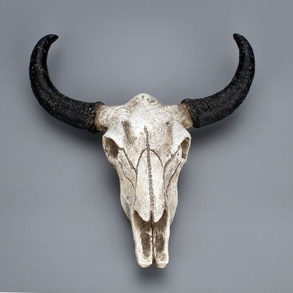 Résine Longhorn vache tête de crâne décoration murale 3D animal faune Sculpture Figurines artisanat cornes pour la décoration intérieure T2003313385