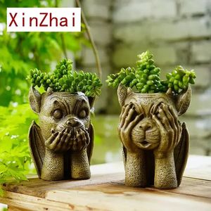 Resin Monster Flower Pot Pot Figurines pour Garden Demon No See Say Hear Art Decor Accessories Collection Object Home Article 240411