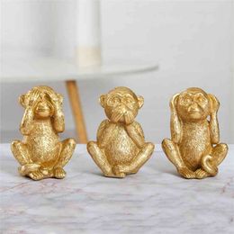 Hars niet luisteren niet zien niet praten gouden aap miniatuur beeldjes home decor slaapkamer corridor decoratieve sculptuur ornamenten 210811