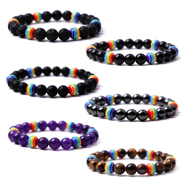 Résine Arc-En-Ciel 8mm Pierre Coloré Perlé Bracelet Oeil De Tigre Violet Quartz Agates Bracelet pour Femmes Yoga Bijoux