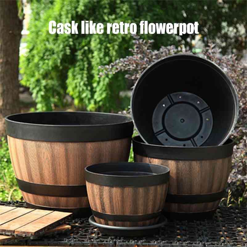 Resin Whiskey Barrel Flower Pot Round Planter Vintage Style Indoor Outdoor Garden Yard Patio MOUN777 210712