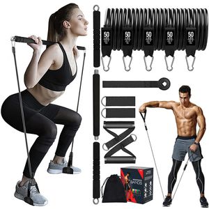 Weerstandsbanden 250LBS Weerstandsbandenset met trainingsstang Oefenband Fitnessstick Home Gym Bodybuilding Pilates Bar Kit Fitnessapparatuur 230729