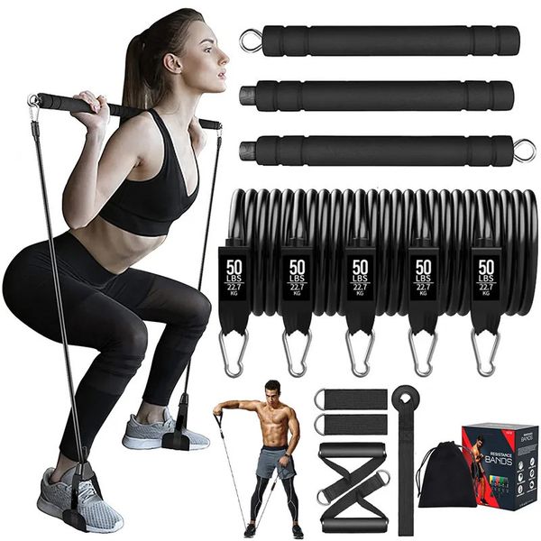 Bandes de résistance 250LBS ensemble avec barre d'entraînement bande d'exercice bâton de Fitness gymnastique à domicile musculation Kit Pilates équipement 231016