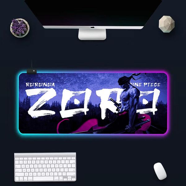 RESTS Anime One Piece Zoro RGB PC Gamer Keyboard Pad Mousepad LED Mats brillante de ratón Gaming Gaming Computer Mausepad