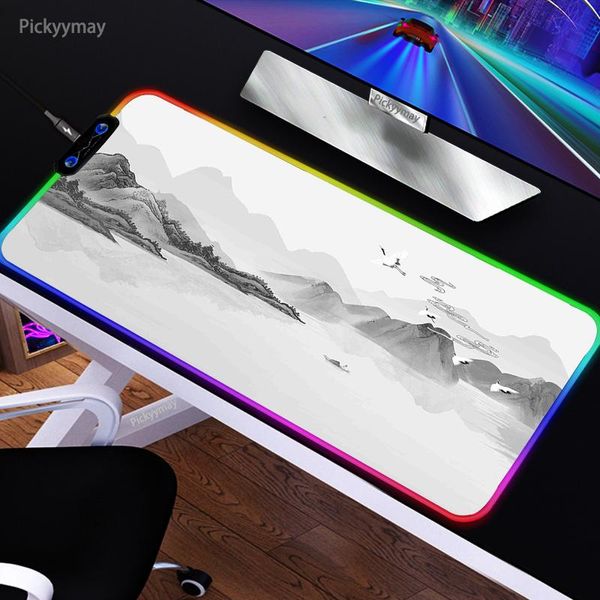 Rust Chinese Inkt Schilderij Gaming Muismat Grote Kunst Muismat RGB Computer Gamer Mause Pad LED Backlit Toetsenbord Desktop Tafel Mat