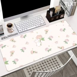 Repose mignon lapin souris Pad Company Mousepad Pink Flower Grand Desk Mats Es Edge Deskpads Kawaii Mauusepad Mouse Mat 80x30 90x40