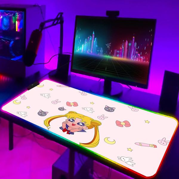Alfombrilla de ratón grande RGB para Gamer, alfombrilla para teclado de Sailor Moon rosa, accesorios para Pc, Protector de escritorio, alfombrilla para ratón LED, alfombrillas de Anime
