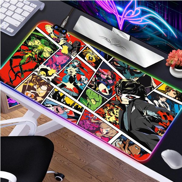 Repose tapis de souris Gamer RGB tapis Persona 5 bureau rétro-éclairé tapis Pc accessoires Xxl Mause tapis de souris de jeu Anime grand tapis d'armoire étendu