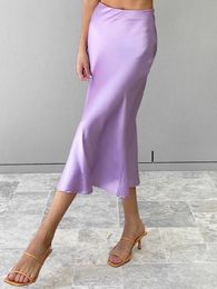 Restve décontracté femmes taille haute jupe longue violet Satin bureau dames élégant s solide soie Midi printemps été 230301