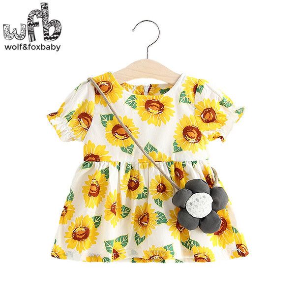 Venta al por menor 0-3 años vestido de niña de manga corta niños estampados de verano girasol Q0716