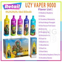 Vente au détail 100% Original UZY VAPER 9000 Puff E Cigarettes 18 ml Pod prérempli 850 mAh Batterie 15 Saveurs 0% 2% 3% 5% Niveau 9K Puffs Vapes Kit