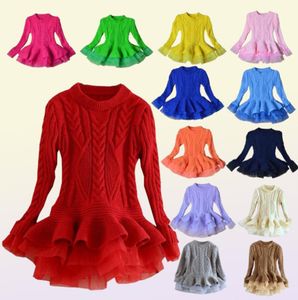 Retail 13 Colors Kids Designer kleding meisjes organza gebreide trui prinsesjurk herfst winter luxe kerstfeest kerstfeest boetiek 4608108