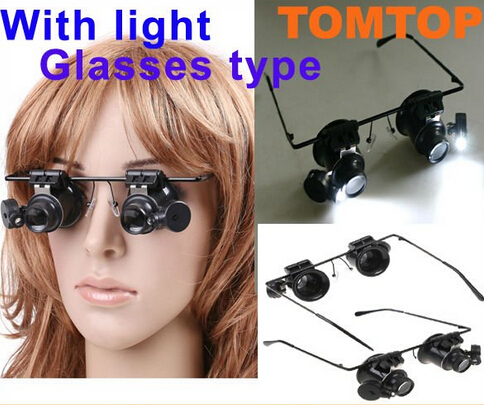 Vendita al dettaglio 20X lente d'ingrandimento occhiali da gioielliere lente d'ingrandimento LED strumenti di riparazione orologio luce ingrandimento con batteria 9892A spedizione gratuita