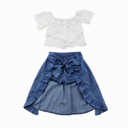 Retail 3 stks Leuke Peuter Meisje Sets Off Shoulder Santo White T-shirts Tops Blue Denim Shorts Ankle-length Jurk Outfits 1-5T MN001 210610