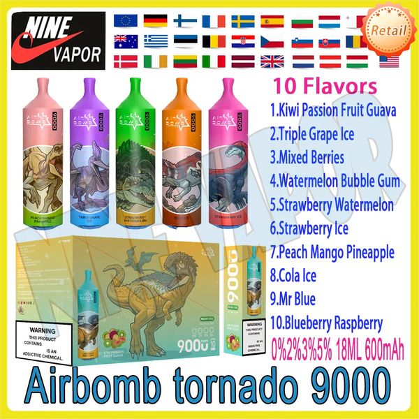 Venta al por menor Airbomb Tornado 9000 Puff desechable Vape Pen Cigarrillo electrónico 18 ml 10 sabores Dispositivo de aire acondicionado recargable Puff 9k Vape