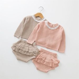 Detailhandel herfst baby meisje kleding sets gebreide katoen lange mouw trui shorts outfits kinderkleding 0-2Y yl001 210610