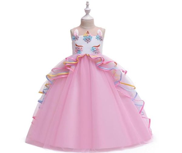 Venta al por menor vestidos de niña unicornio esponjoso bordado flor vestido de princesa largo vestidos de fiesta formales disfraz de fiesta para niños cosplay 9475467