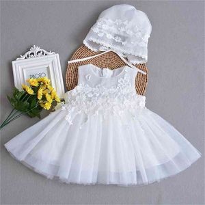 Retail baby meisje dunne jurk + hoed zomer ademend kant eerste verjaardag prinses partij trouwjurk doopstoga E606 210610