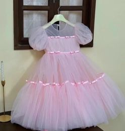 Retail Baby Girls 2024 Hoogwaardige Boutique Pink Mesh Mesh Dress Princess Kids Birthday Dresses Holiday 2-8t 240425