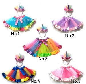 Retail Baby Girls Rainbow Tulle Rok Tutu Skirts Unicorn Headband Sets Halloween Christmas Cosplay Feest geplooide jurk Kinderen C8451246