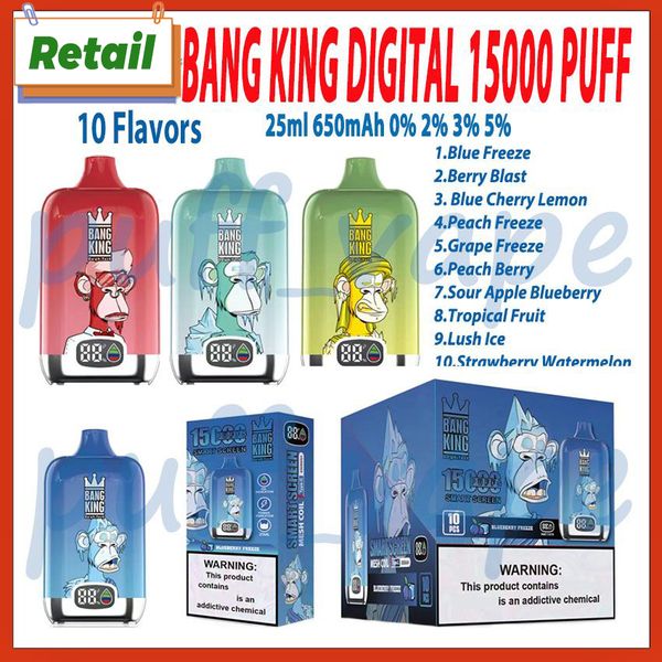 Retail Bang King Digital 15000 Cigarettes E jetables Écran intelligent Bobine de maille 650mAh Batterie 10 Saveurs 0% 2% 3% 5% 25 ml Pod pré-rempli 15k Puffs Vape Pen